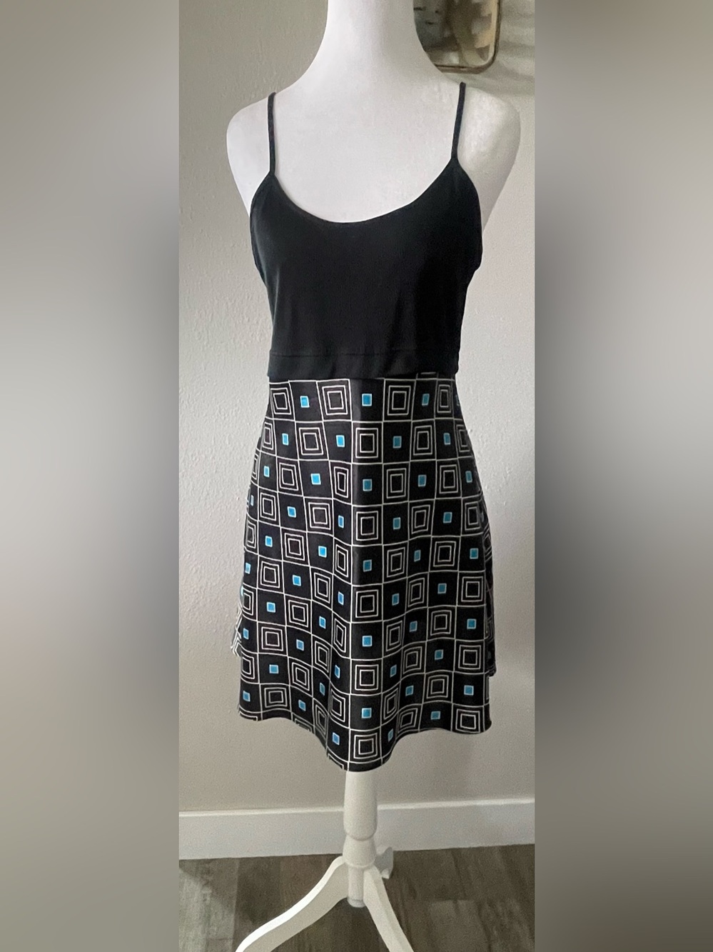 VTG 90s Victoria's Secret Slip Dress Black Blue Concentric Square Satin Lingerie